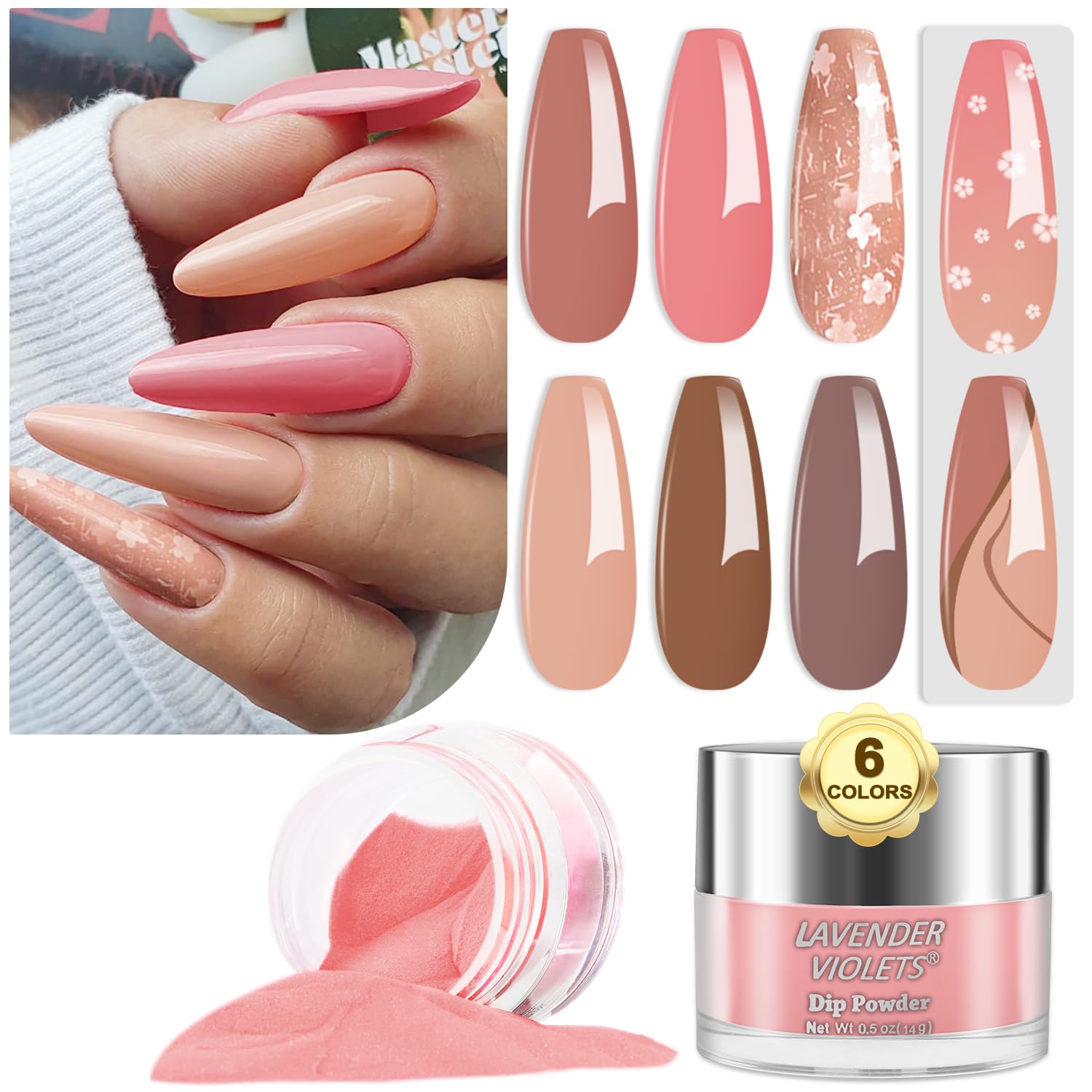 Lavender Violets 14g x 6 Dip Powder French Nail Colors Nude Pink Cream Beige Latte Stars Shine Nail Art Manicure Large Capacity Dipping Powder Glitter Nail Powder J204