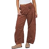 SeekMe Women's Corduroy Pants Barrel Mid-Rise Elastic Waist Cord Pants Casual Wide Leg Baggy Trouser with Pockets