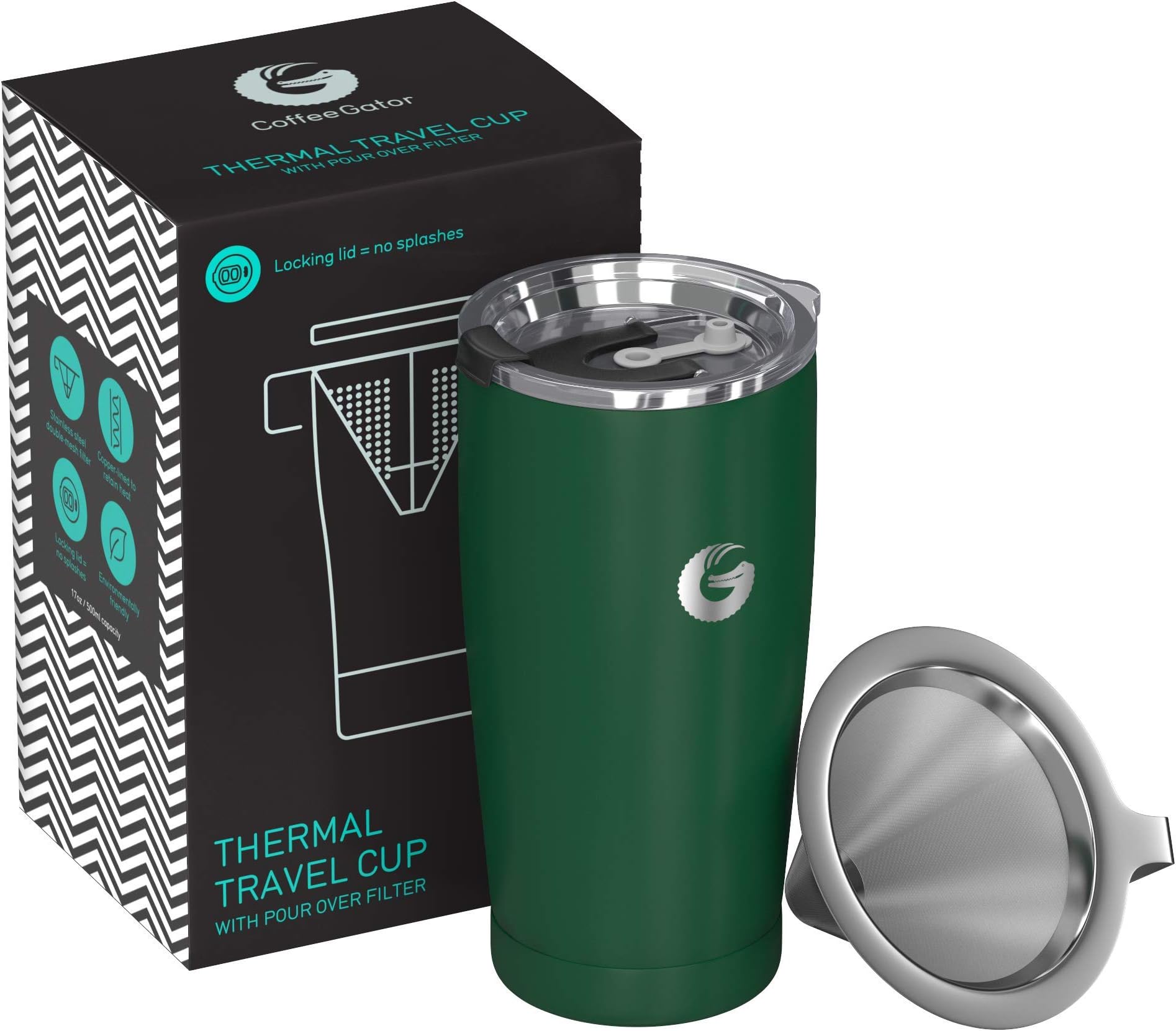 Coffee Gator Pour Over Brewer Mug - All-in-One Thermal Travel Cup and Hand Drip Coffee Maker - Vacuum Insulated Stainless Steel with Paperless Filter - 585ml - Green