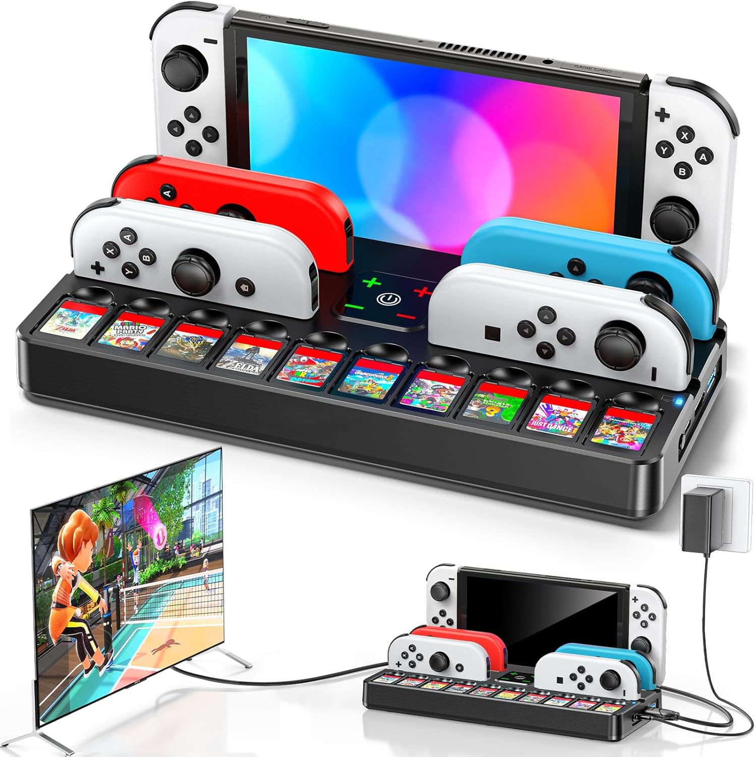 Switch TV Docking Station mit Joycon Ladestation, Switch OLED TV Dock Station für 4K HDMI TV Netzteil, Ersatz Switch Dock mit Schnittstelle & 10 Spiele Aufbewahrung (Nicht für Switch 2)