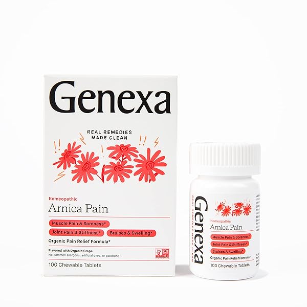 GENEXA ARNICA TABLETS FOR PAIN RELIEF FORMULA | ALLEVIATE MUSCLE & JOINT PAIN, SORENESS, & STIFFNESS | DELICIOUS ORGANIC GRAPE FLAVOR | HOMEOPATHIC REMEDY MADE CLEAN | 100 CHEWABLE TABLETS