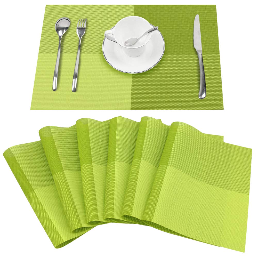 Time to Sparkle Set of 6 Vinyl Woven Placemats Place Mats Non slip Table Mats Waterproof Heat-resistant Dinning Table Mats Decor (PVC-Green)