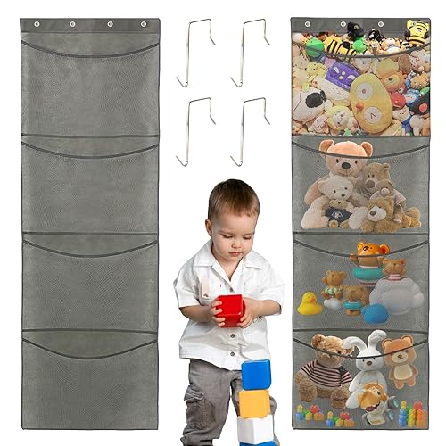 SENLINLIN Stuffed Animal Storage Organiser, 4 Large Pockets Hanging Storage Over The Door Organisers with Hooks, Toy Plush Storage Hammock Toy Storage Net For Bedroom Bathroom Nursery Kid Room