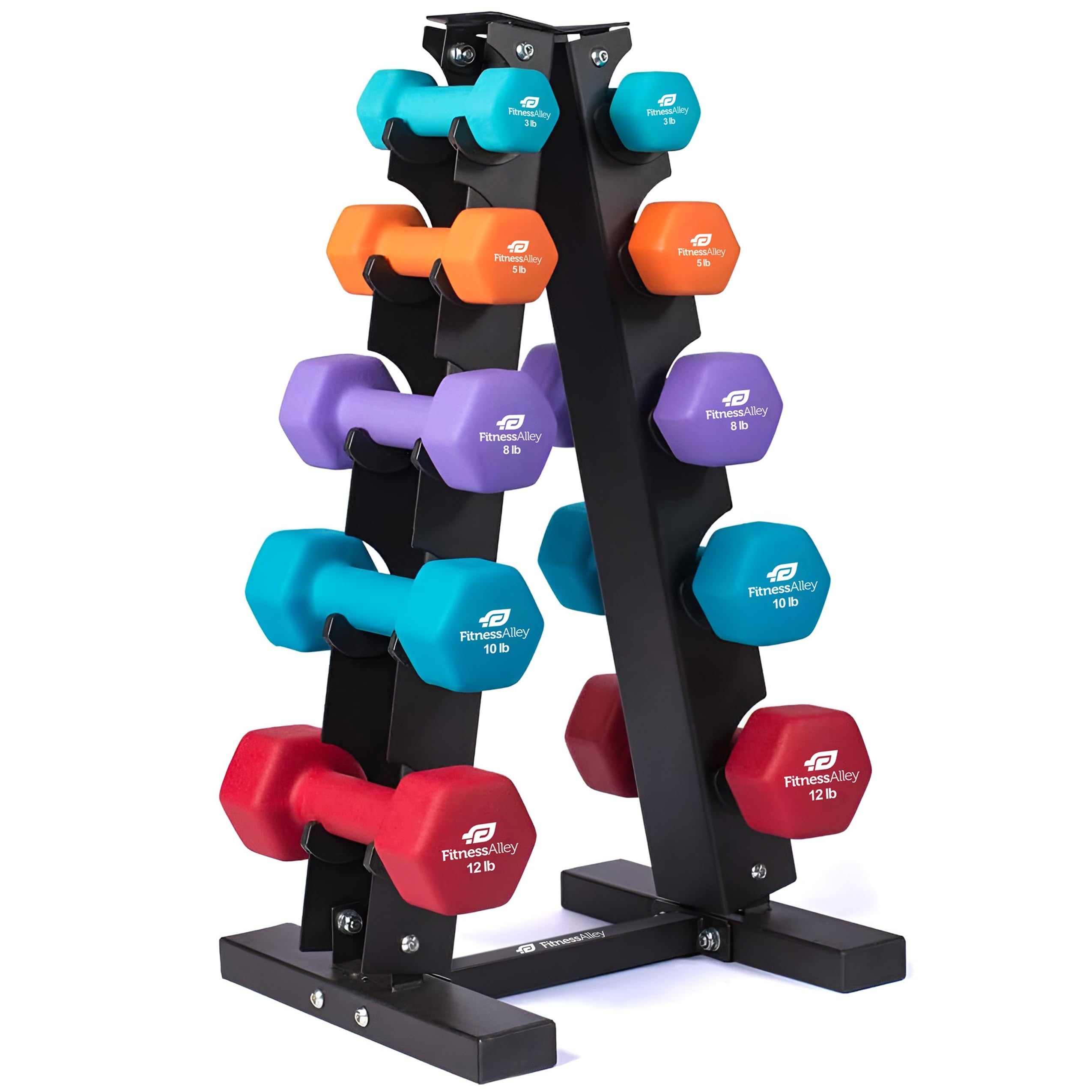 Photo 1 of ****NO RACK, WEIGHTS ONLY**** Fitness Alley Neoprene Dumbbells A Frame Rack - Free Weights Hex Hand Weights - Gym Exercise 5 Pairs Set (3lb, 5lb, 8lb, 10lb, 12lb) with 5 Tier Rack