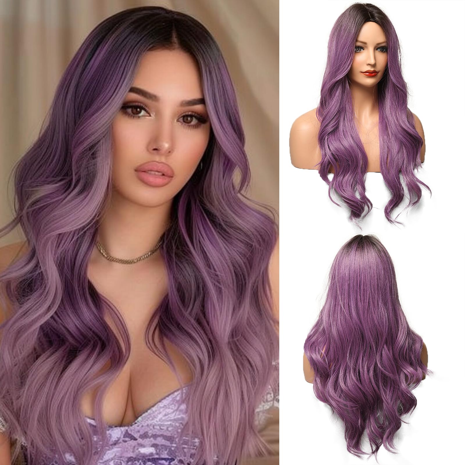OUFEI Long Wavy Ombre Purple Wig for Women Natural Synthetic Hair Heat Resistant Ombre Wigs with Dark Roots for Daily Party Cosplay Wear — image 1