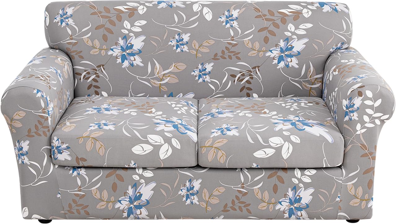 Photo 1 of FUANGUI 3 Piece Stretch Sofa Couch Covers for 2 Cushion, Printed Sofa Loveseat Slipcover with 2 Separate Cushion Cover, Floral Washable Sofa Slip Covers Furniture Protector (Loveseat, Grey Flower)