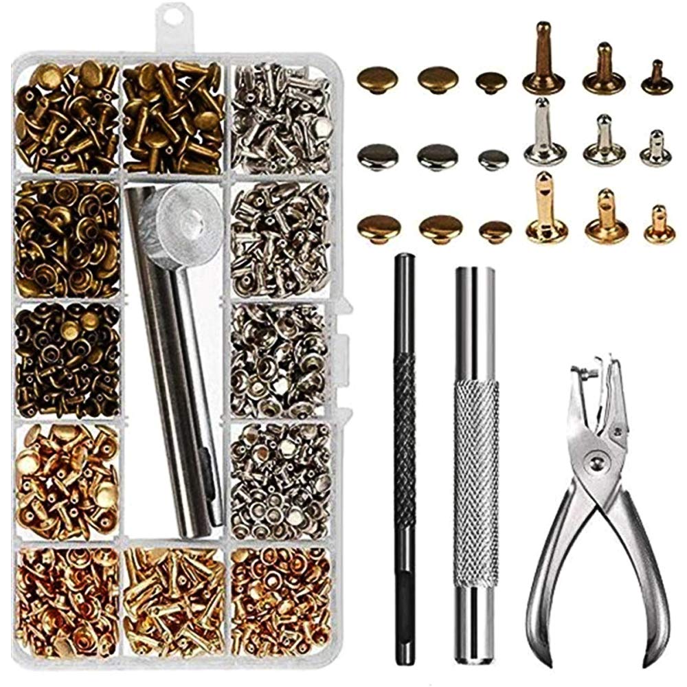 Double Cap Rivet,300 Pieces Leather Rivets Tubular Metal Studs with 3 Fixing Tool for DIY Leather Craft Belt Wallet Decoration 3 Size Gold,Silver and Bronze