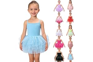Tutu Tulle Dress for Kids Girls Sequin Spaghetti Strap Ballet Leotards Toddler Cute Plain Pleated Layered Dance Dress