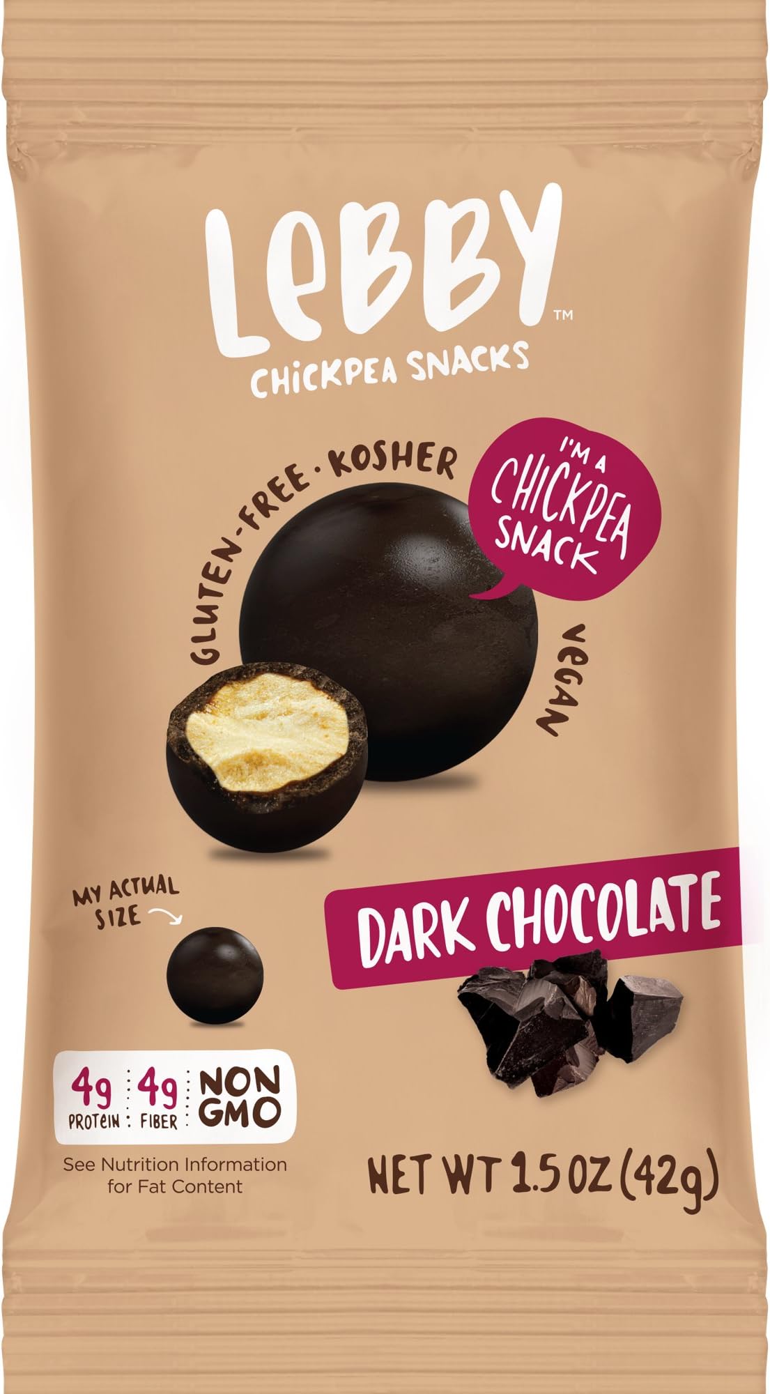 Lebby Chickpea Snacks (Dark Chocolate, 1.5 oz, 4 pack), Vegan, Gluten Free, Non-GMO, High Protein and Fiber, Healthy Snack
