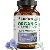 Nutrigent USDA Organic Flaxseed Oil 1000mg Plant-Based Liquid Capsules | Cold-Pressed, Rich in Omega-3 (ALA), 100% Pure Seed Oil, Easy-to-Swallow, 60 Ct, No Unnecessary Ingredients, Made in USA