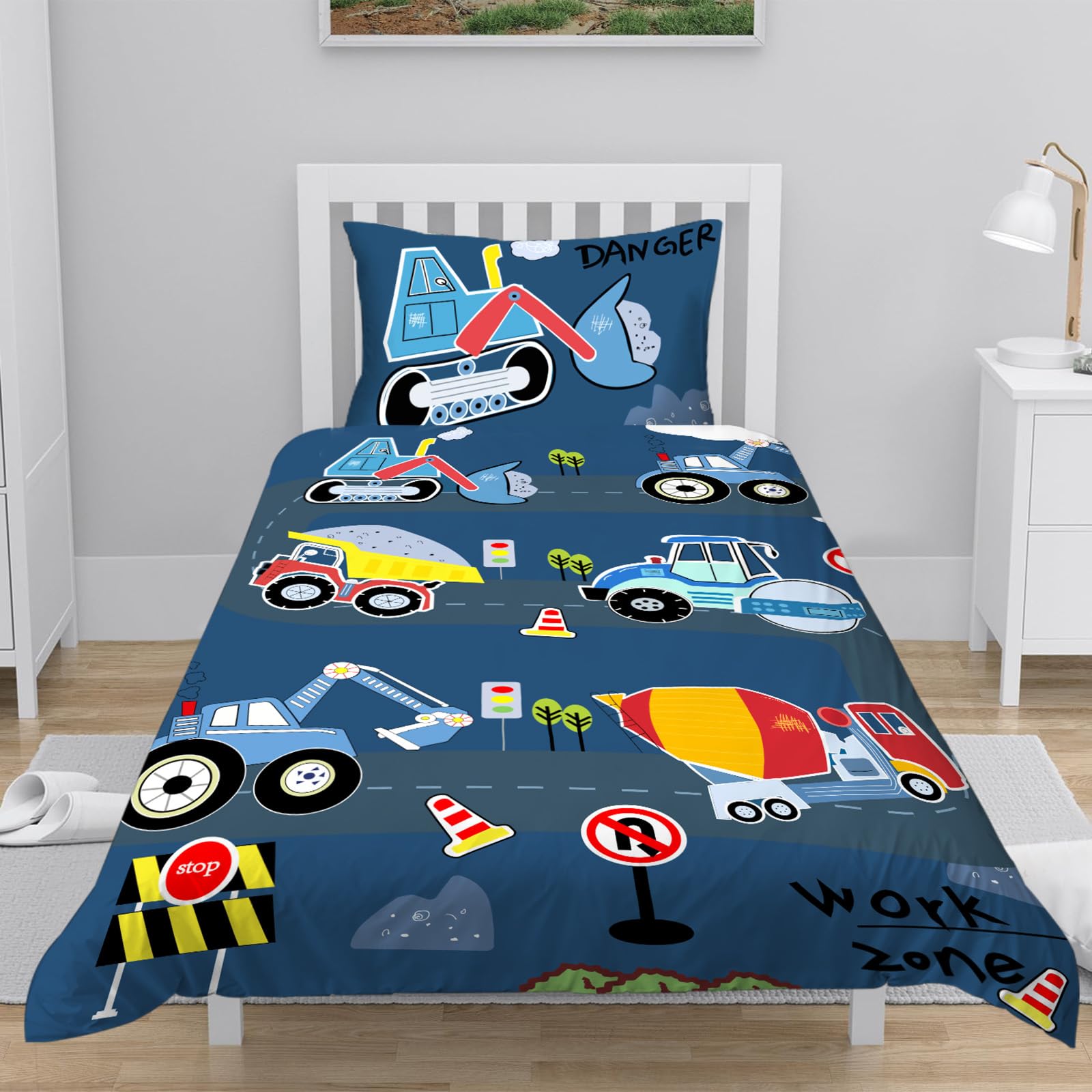INTOMENG Car Beddings 135×200 for Kids Boys Single Quilt Cover Duvet Cover With Zip Fastening 3D Cars 100% Microfibre Bedding 135×200 Matching 1 Pillowcase 50×75cm 2 pcs Dark Blue
