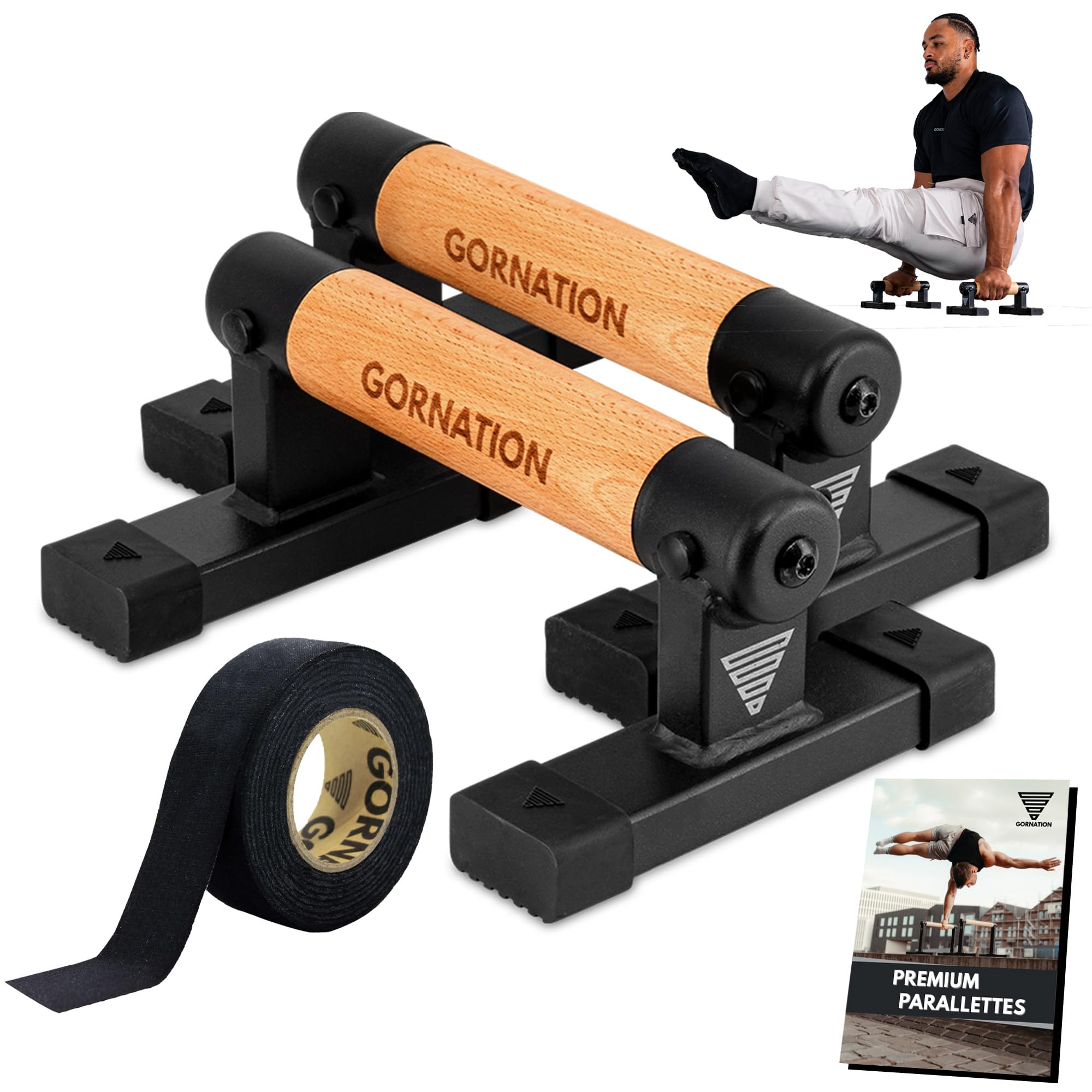GORNATION Parallettes in 3 different Sizes, Calisthenics Equipment for Handstands, Push-Ups & more, Optimal Stands for Fitness at Home & Outdoor with Wooden Handles/Bars - ACTIVE