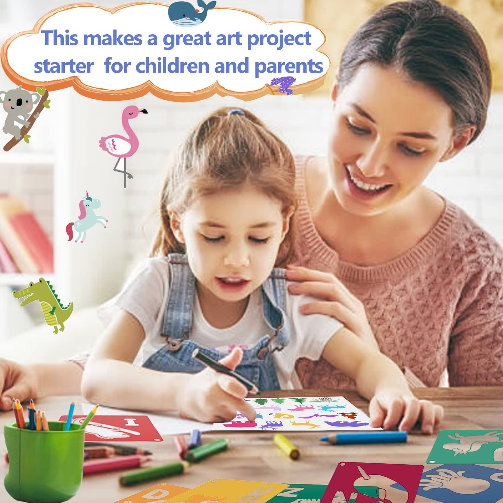 Stencils for Kids 26pcs Animal Drawing Stencils 8x8 Large Reusable Plastic Stencils with Letter A-Z for Boys Girls DIY Crafts