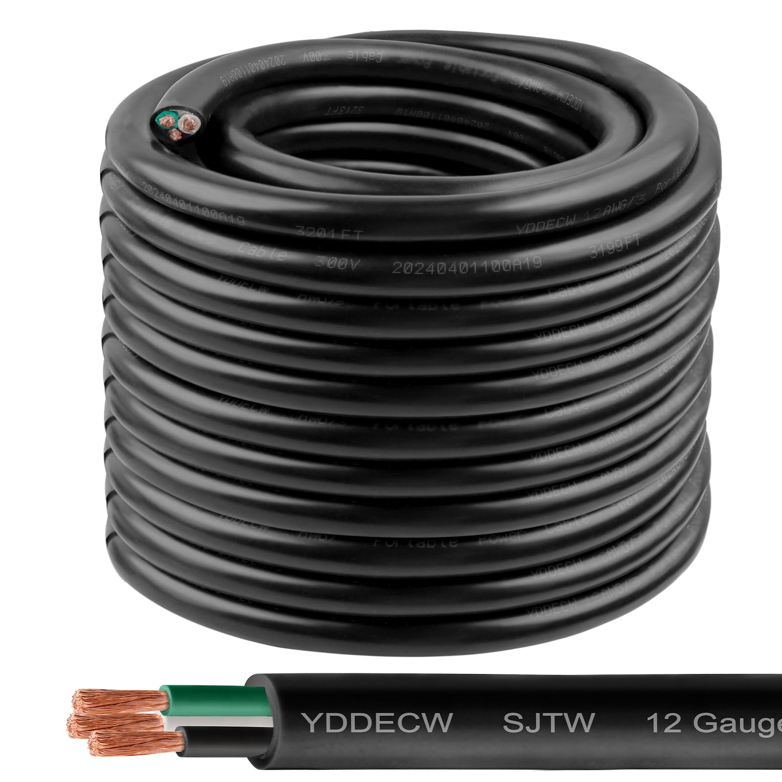 Photo 1 of YDDECW 100ft 12/3 12 AWG SJTW 300V Wire (3 Conductor) - 12 Gauge SJTW Cable with UV-Resistant Jacket for Motor Leads, Battery Chargers and Machine - 3 Conductor - 100 Feet Electrical Wire