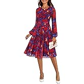 Zattcas Women's 2026 Spring Mesh Long Sleeve Floral Midi Dress Crew Neck A Line Flowy Cocktail Party Wedding Guest Dress