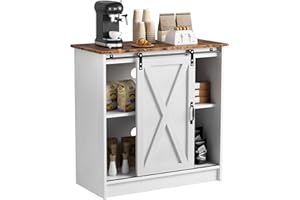 NICECOZY Farmhouse Coffee Bar Cabinet with Storage, Kitchen Sideboard Buffet Cabinet with Sliding Barn Door, White Coffee Bar Table for Home, Living Room, Dining Room (Rustic Brown Top)