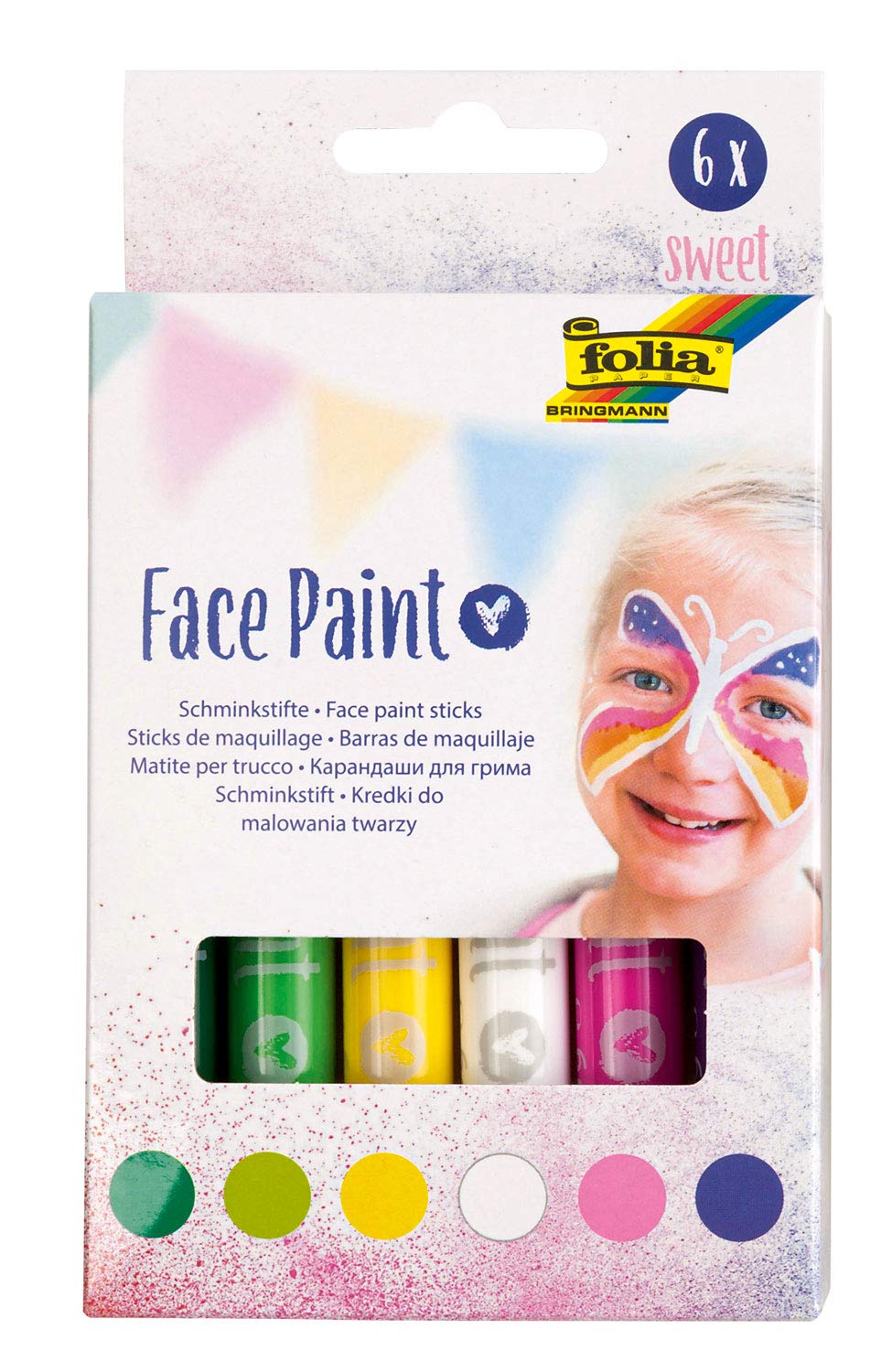 Face Paint Sweet Make-Up Pencils 6 Assorted Colours for Children, Dermatologically Tested, Smudge-proof, Washable with Water and Soap, Ideal for Carnival, Fancy Dress and Theatre