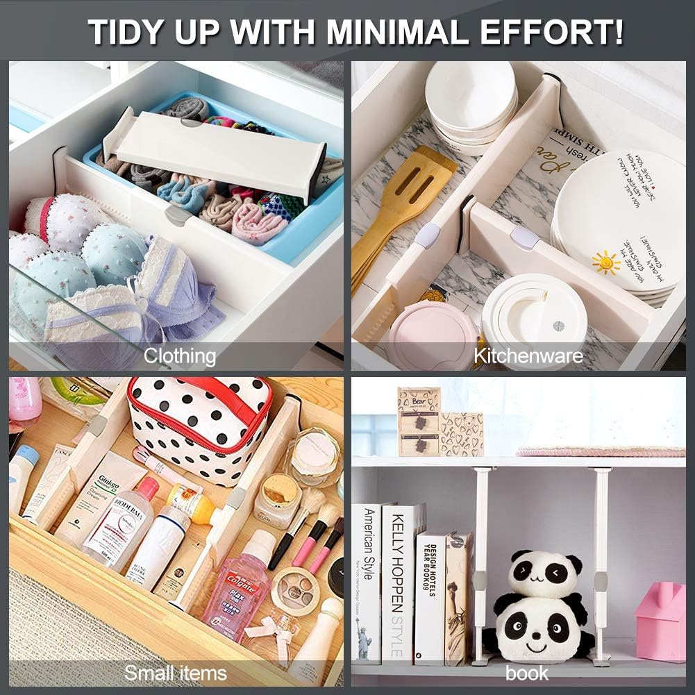 Drawer Dividers Organizer 5 Pack, Adjustable Separators 4" High Expandable from 11-17" for Bedroom, Bathroom, Closet,Clothing, Office, Kitchen Storage, Strong Secure Hold, Foam Ends, Locks in Place: Home & Kitchen