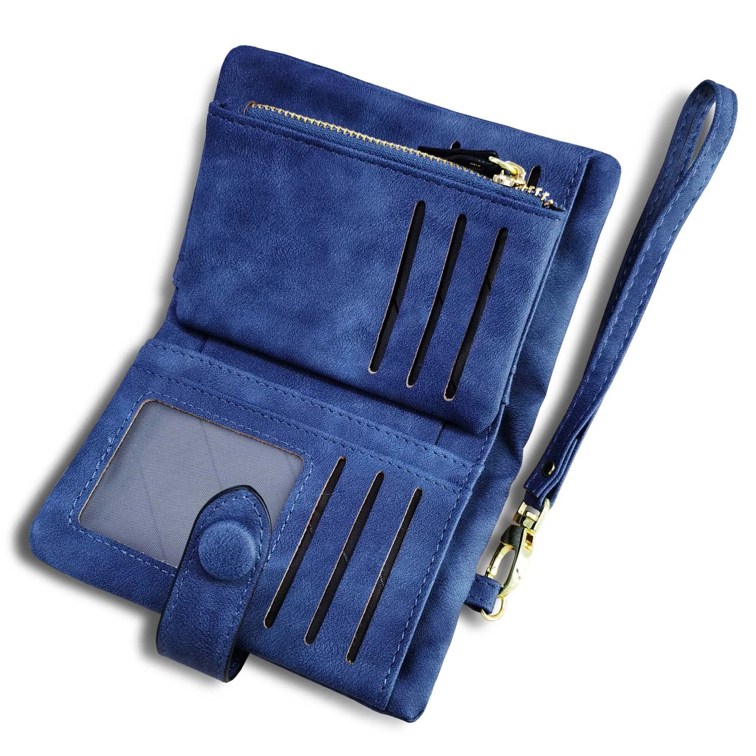 AOXONEL Women's Small Bifold Leather Wallet RFID Blocking Ladies Wristlet with Card Holder id Window Coin Purse (Blue)