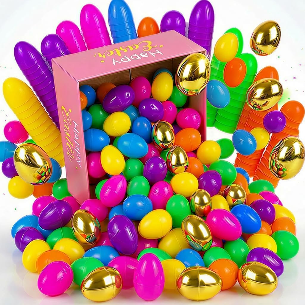 NAWITDA 200 Pack 3 Inch Large Easter Eggs Bulk Include 6 Surprise Golden Eggs, Bright Colors Fillable Empty Plastic Easter Egg for Easter Hunt, Easter Basket Fillers, Easter Party Favors