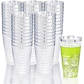 LIYH 100 Pcs 16 oz Silver Plastic Cups - Clear Plastic Tumblers with Silver Rim Big Size Fancy Disposable Clear Cups for Party & Wedding