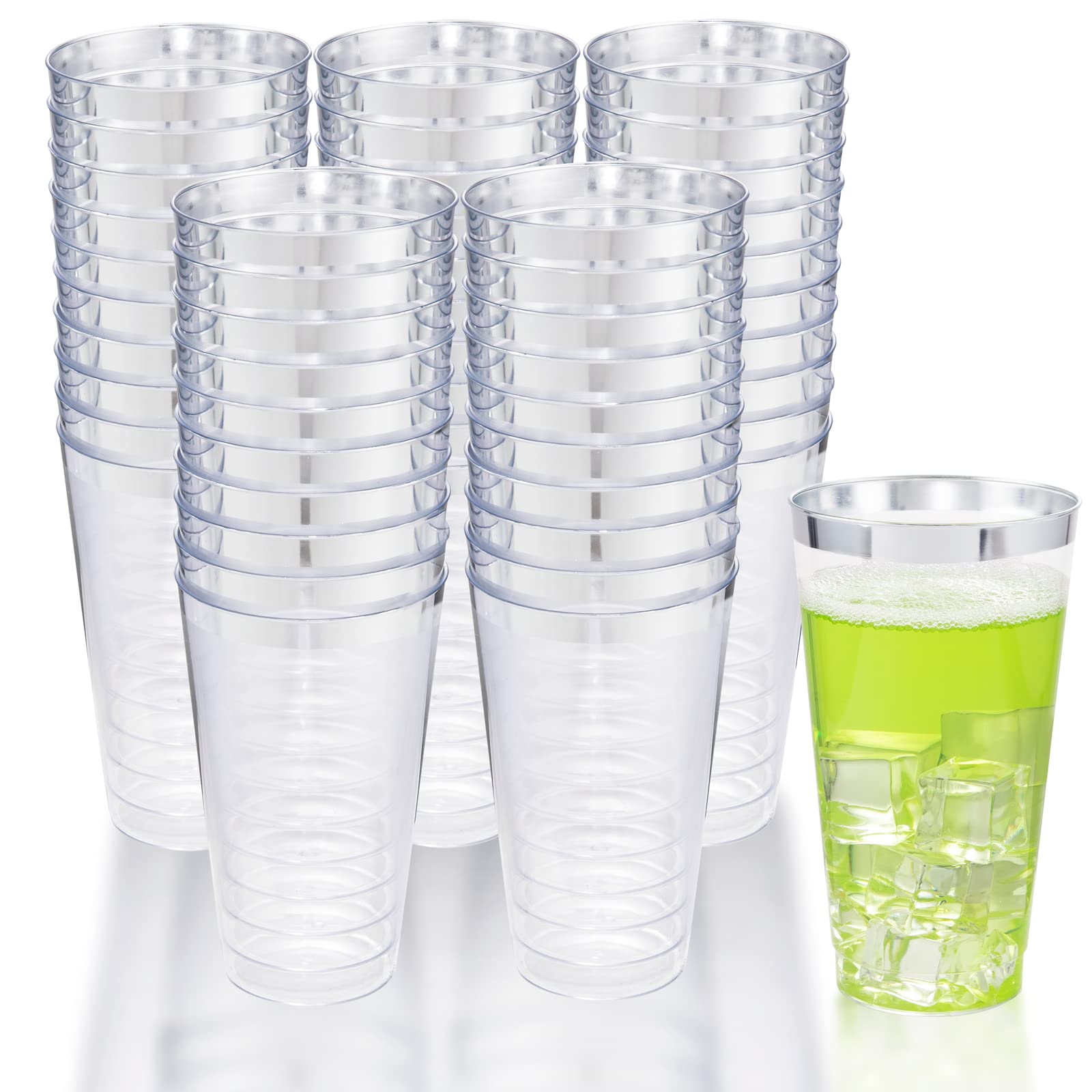 Photo 1 of LIYH 100 Pcs 16 oz Silver Plastic Cups - Clear Plastic Tumblers with Silver Rim Big Size Fancy Disposable Clear Cups for Party & Wedding
