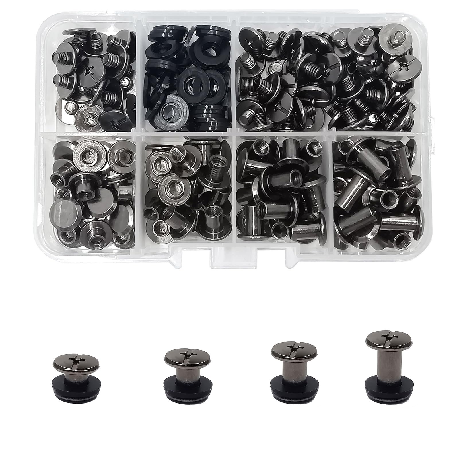 JXPXJMY 80 PCS Chicago Screw Set, Carbon Steel Binding Rivets for Books Leather Ledgers Travel Cases,Size M5*4/6/8/10 mm with Gasket (Shiny Black)