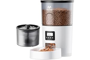 IMIPAW Automatic Cat Feeder and Water Fountain, Timed Pet Dry Food Dispenser, Programmable Portion Control, 1-6 Meals Per Day, Cat Fountains for Drinking with Filter, Small Pets (3L Combo)