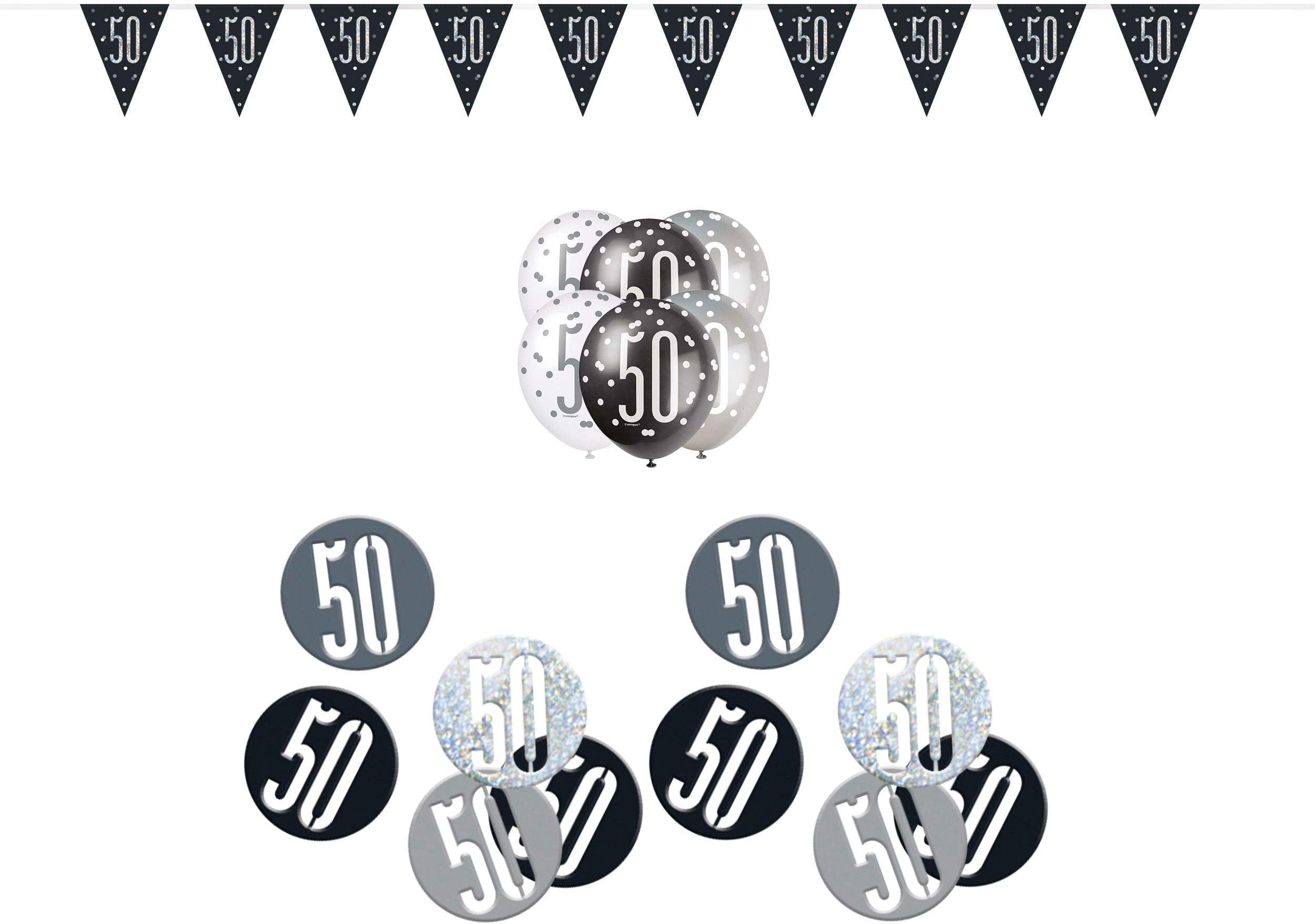 Black Silver Glitz 50th Birthday Flag Banner Party Decoration Pack Kit Set