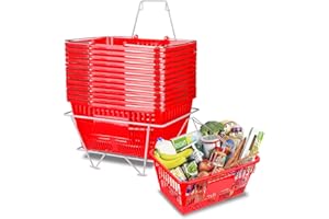 BOOROH Shopping Basket Set of 12, Grocery Basket 16.9" x 11.8", Shopping Basket with Cast-Iron Handles and Stand, 5.6 Gal Capacity for Retail Store, Mini Market, Convenience Store, Farmers Market