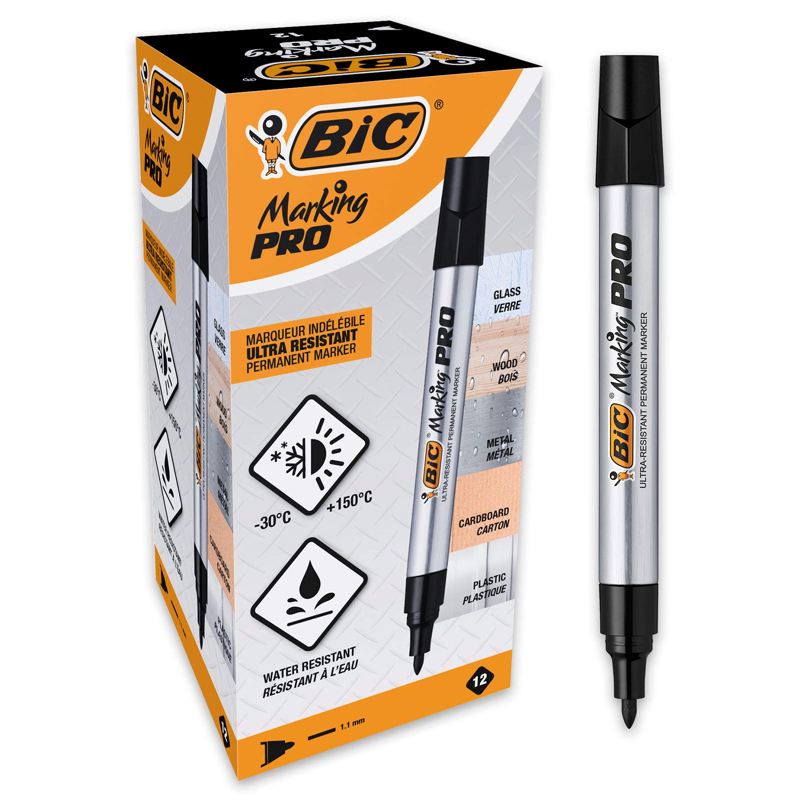 BIC Marking Pro Permanent Markers Medium Bullet Tip - Black, Box of 12
