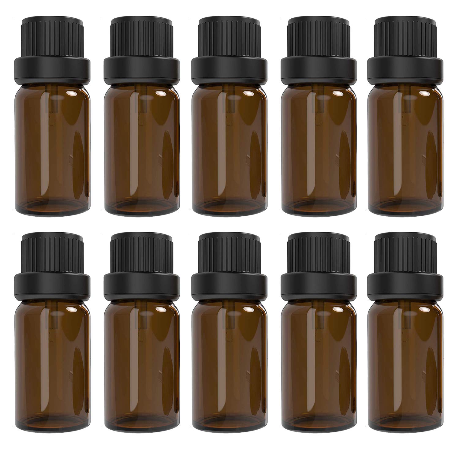 Alledomain 10Pcs, 10ml Essential Oils Amber Glass Bottles with Black Cap & 1 Dropper & 12 Labels Mini Empty Amber Bottle Refillable Sample Container for Massage oils/Aromatherapy/Perfume