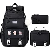 DIGOBAY 3PCS Girls Backpack for School, Kids Backpack for Girls with Lunch Box Pencil Case Set for Teen Girl Elementary Primary Middle High College School Bookbag with Cute Pins (Black)