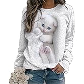 ShallWe Cat Fashion Shirt for Women Long Sleeve Lightweight Cute Casual Trendy Tops Active Shirts Spring Summer 2024 White, Small