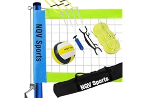 NQV Professional Portable Outdoor Volleyball Net Set with Adjustable 3 Levels Height Steel Poles, Anti-sag System,Volleyball,Pump,Boundary Line and Carrying Bag for Backyard