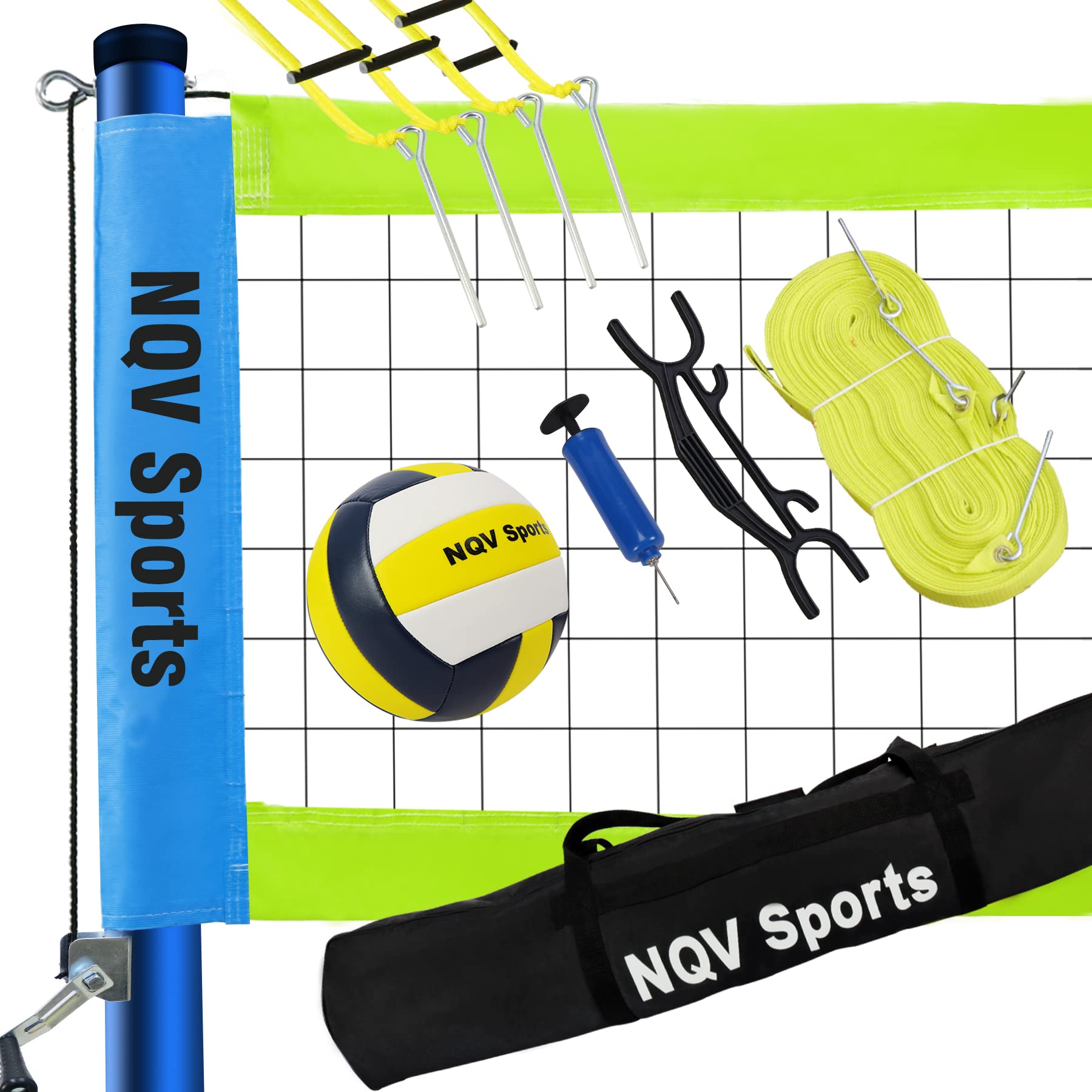 Photo 1 of NQV Professional Portable Outdoor Blue Green Volleyball Net Set with Adjustable 3 Levels Height Steel Poles, Anti-sag System,Volleyball,Pump,Boundary Line and Carrying Bag for Backyard