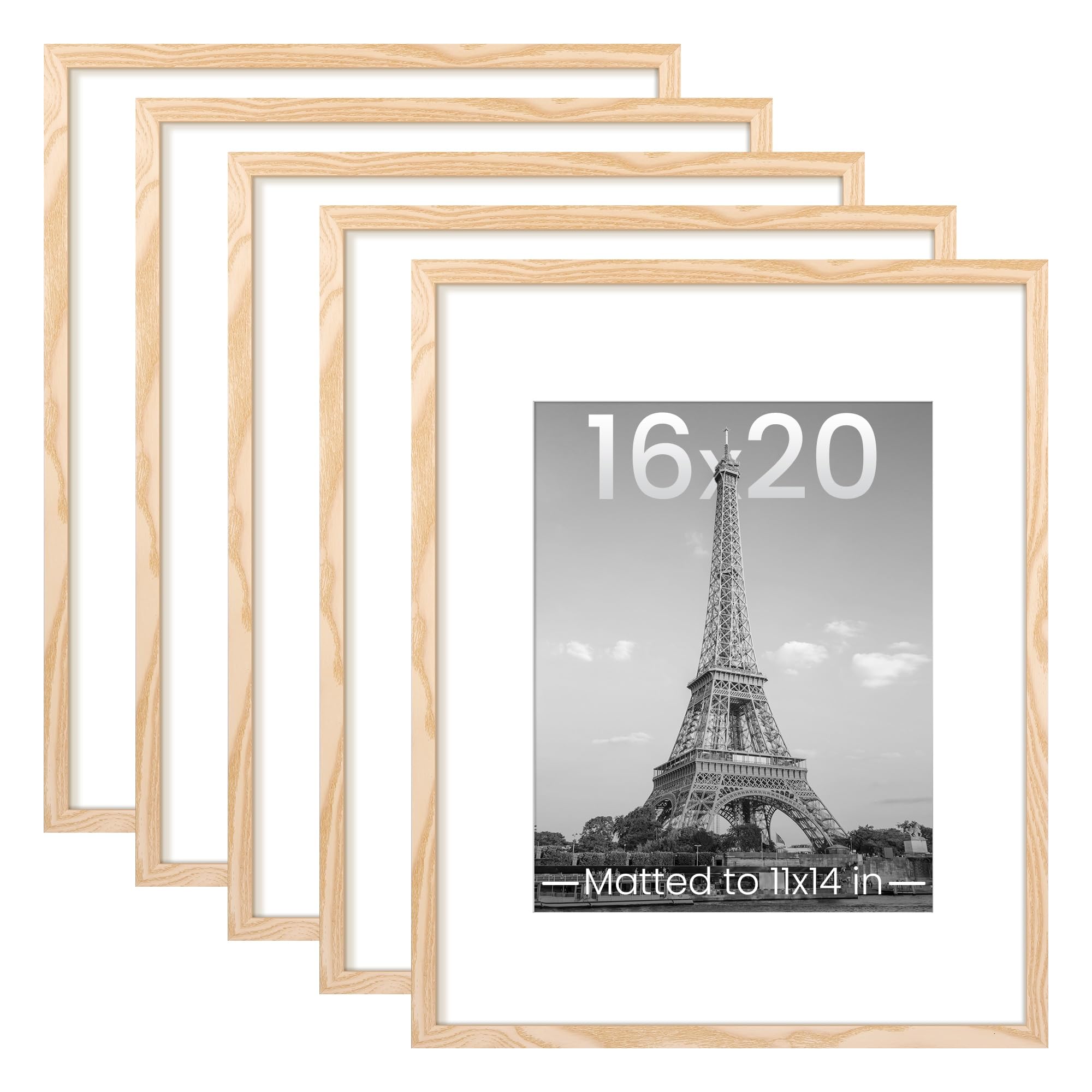Photo 1 of upsimples 16x20 Picture Frame Set of 5, Display Pictures 11x14 with Mat or 16 x 20 Without, Wall Gallery Poster Frames, Natural