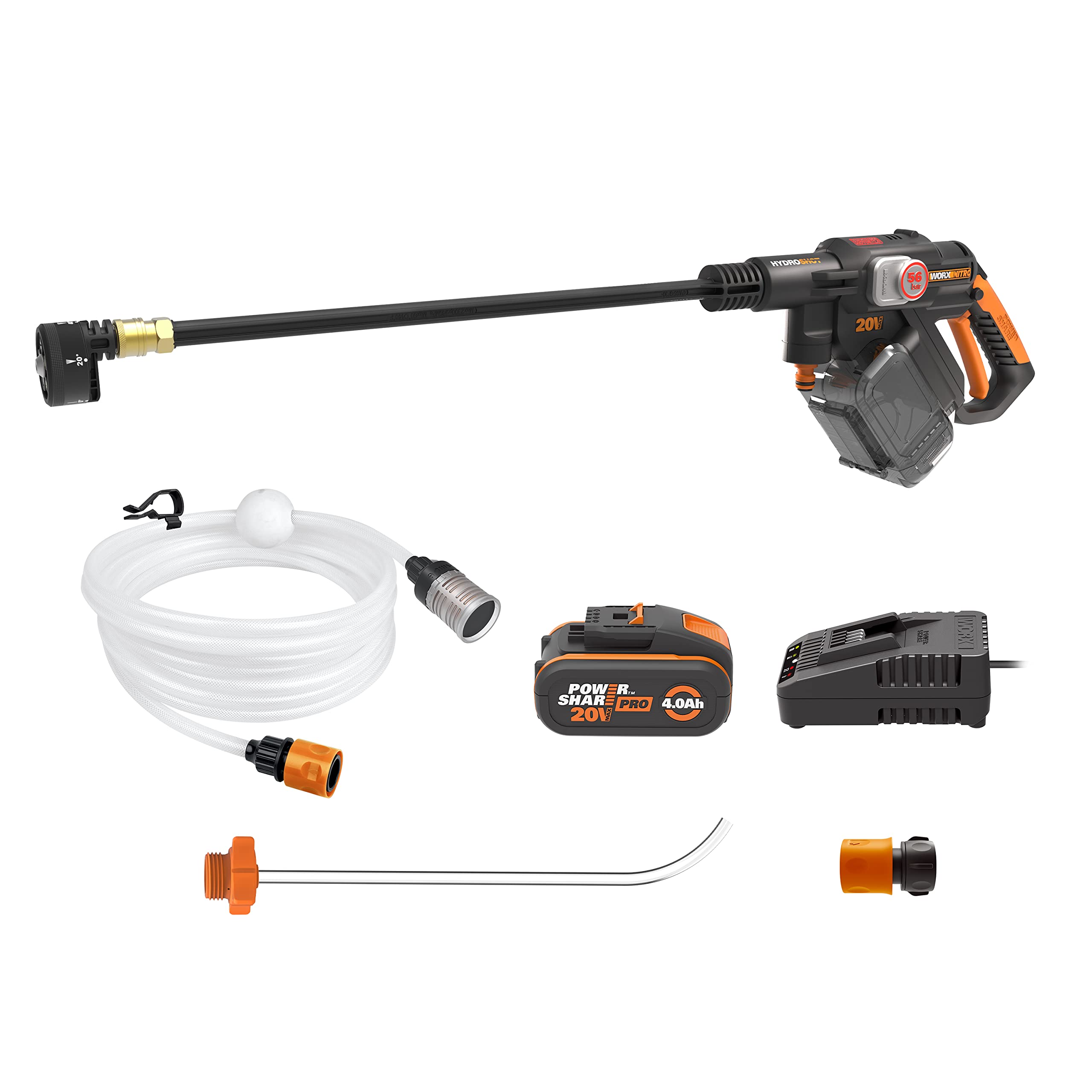 WORX WG633E Hydroshot Akku-Hochdruckreiniger 20V - 56 Bar Max. Druck - multifunktional zur Reinigung & Bewässerung - leistungsstarker bürstenloser Motor - 5-in-1 Druckdüse - inkl. 4Ah Akku & Ladegerät