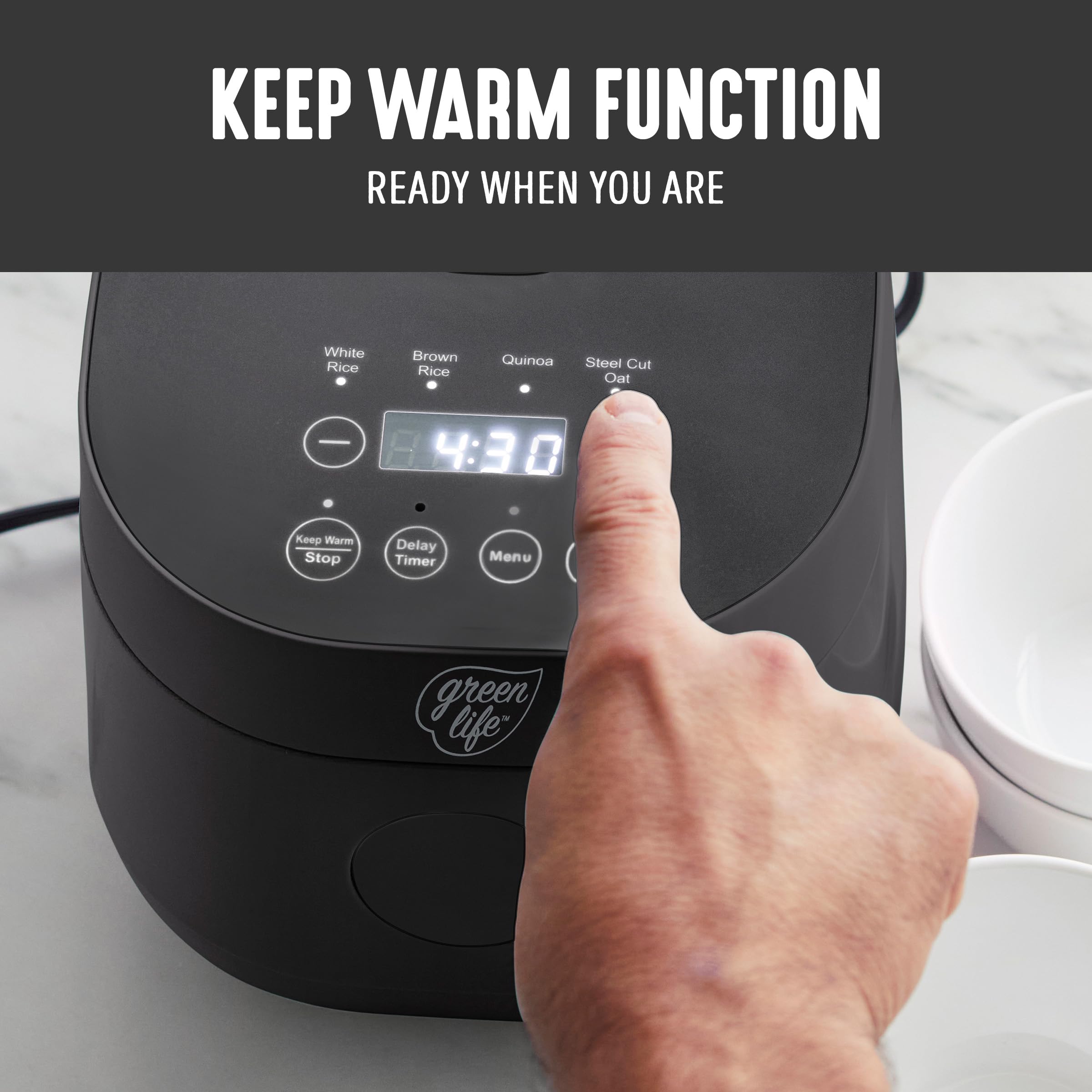 GreenLife Digital Rice Cooker, 2-Cups Uncooked/4-Cups Cooked, Removable Nonstick Ceramic PFAS-Free Pot, One-Touch Presets, Oats, Quinoa, Brown Rice, Auto Keep Warm, Fuzzy Logic Tech, 1.5QT, Black