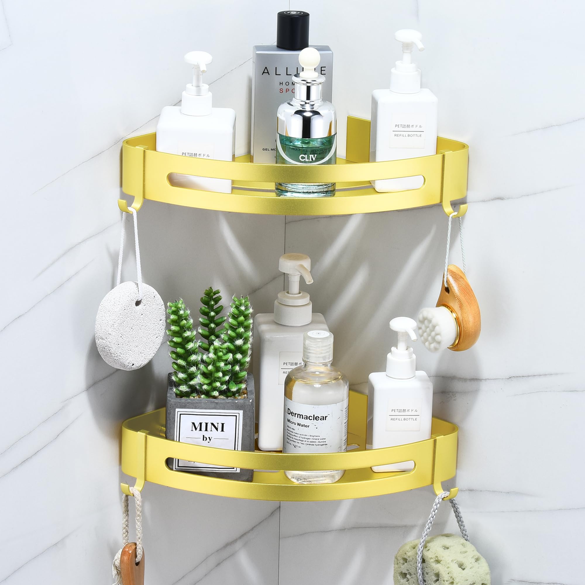maifey Bathroom Corner Shelves No Drilling,Rust proof Space Aluminum Triangle Shower Caddy Bathroom Storage Shelves with 2 Hooks Wall Mounted(2 Tier,Bright Sand Gold)