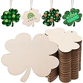 AWIZOM 72 Pcs Wooden Four Leaf Clover Ornaments Unfinished St. Patrick's Day Wooden Shamrock Cutouts Blank Wood 4 Leaf Clover Slices with Twine for DIY Crafts Tags Irish Holiday Hanging Decor,3.5x3