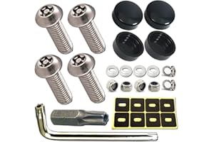 Aootf Anti Theft License Plate Screws- Rust Stainless Steel Plate Screw Resistant Security Tamper Resistant Machine License Plate Bolt License Plate Frame Fastener, Black Caps, Anti-Rattle Pad