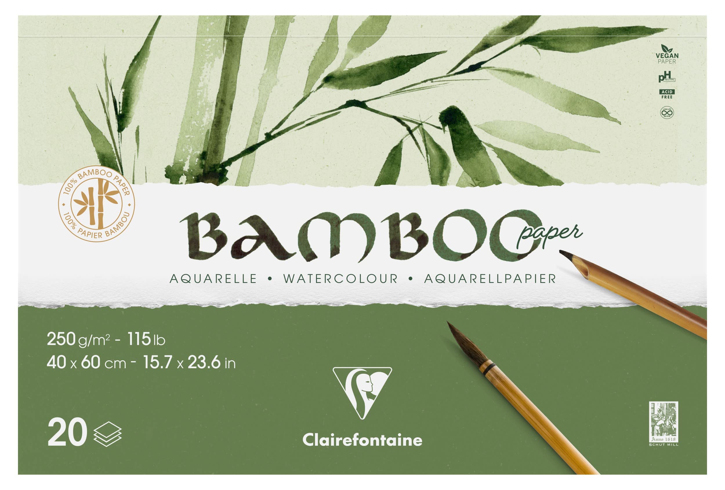 Clairefontaine 975917C - Double-sided Bamboo Glued Pad - 20 Sheets of 100% Bamboo Watercolour Paper, Natural White, Vegan - Finely Marked Grain, 60x40 cm, 250g