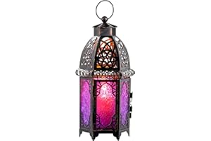 DECORKEY Halloween Decorations Indoor, Purple Decorative Candle Lantern for Moroccan Light Decor, 12.8’’ Vintage Metal Hanging&Tabletop Lantern, Ramadan Lantern for Home Outdoor Patio(Purple)