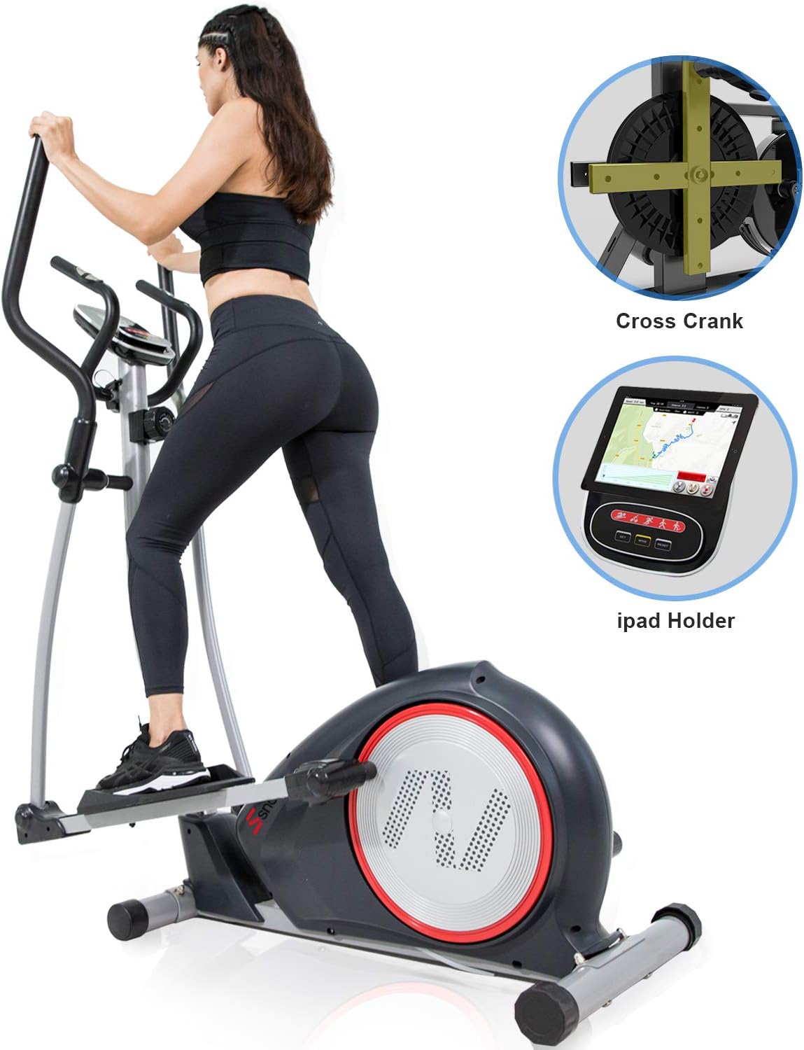 SNODE Magnetic Elliptical Machine - Elliptical Exercise Bike with Smooth Quiet Adjustable Resistance System, LCD Digital Monitor, Pulse Grips for Home Fitness Cardio Training