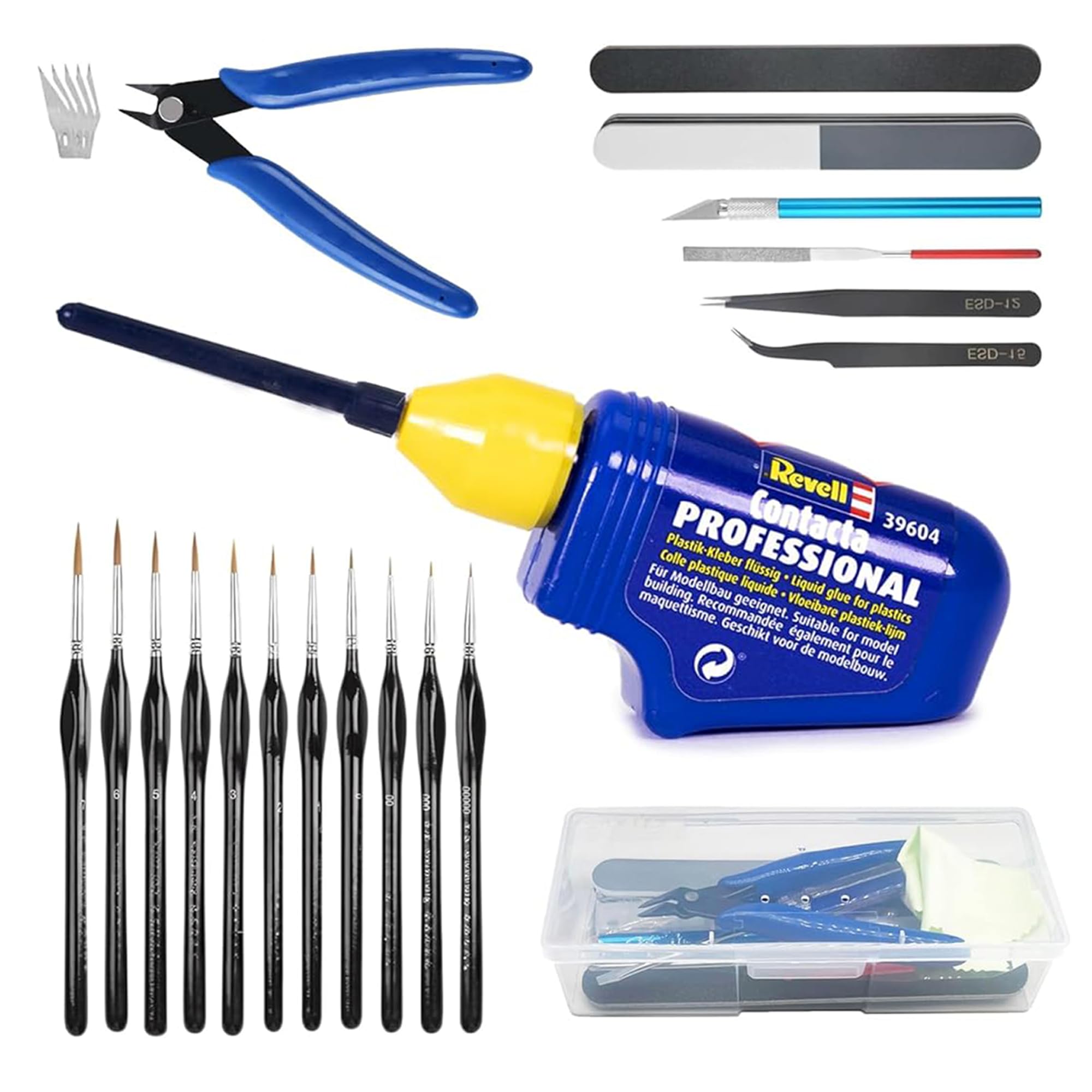 Revell Contacta Model Glue, Model Making Tool Set & Premium Fine Detail Paint Brush Set - Great For Plastic Model Making - 25g Glue, 9pc Tool Set, 11pc Paint Brushes