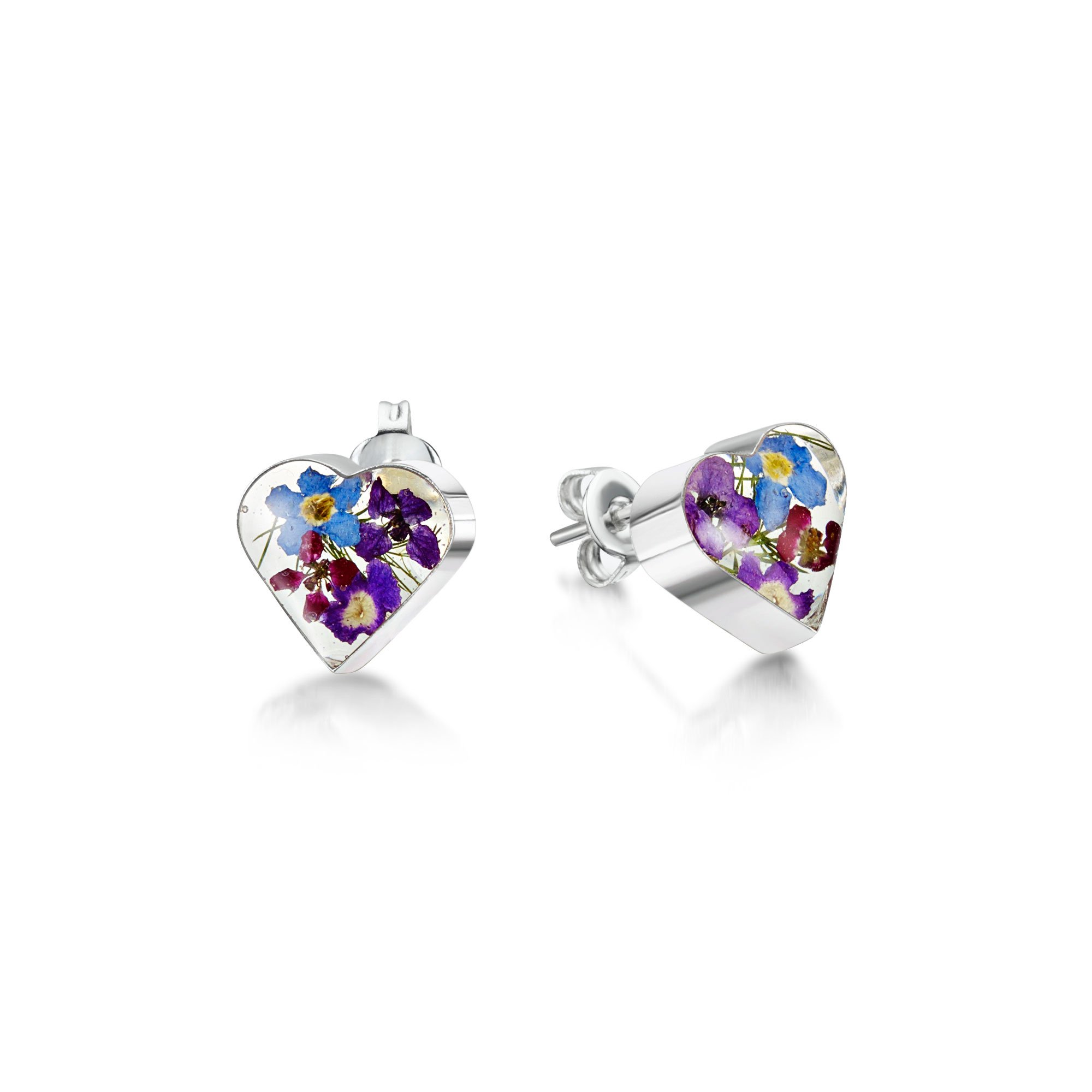 Shrieking Violet 925 Sterling Silver Heart Real Flower Stud Earrings - Assorted Flowers (Purple Haze)
