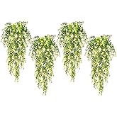 SJL Hanging Faux Plants Indoor 4pcs Fake Flowers Plant Fern with LED Lights Artificial Vines for Outdoors Real Touch Fake Plants All Year Round Eucalyptus Decor for Garden Porch (White)