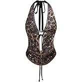 Luckydora Women's Leopard Halter Sequin Bodysuit Plunge Backless Cowl Neck Glitter Top Party Festival Clubwear