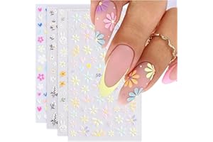 YZYX SpexArt Flower Nail Art Stickers 5D Embossed Nail Decals Spring Daisy Nail Art Design Self Adhesive Nail Supplies White Yellow Colorful Flower Nail Stickers for Women Nail Decoration
